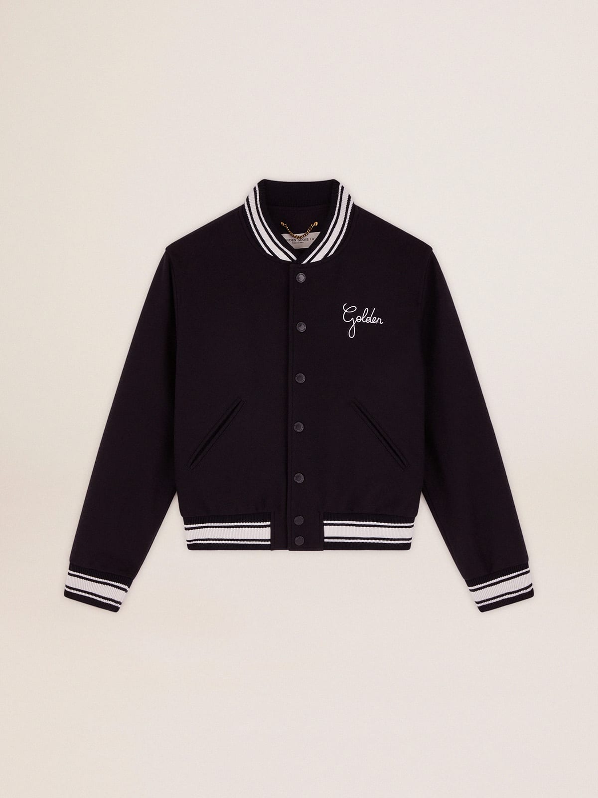 Bomber jacket in dark blue wool with contrasting white details