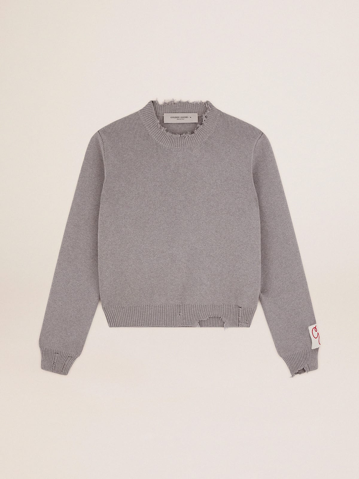 Round-neck sweater in gray cotton with a distressed treatment