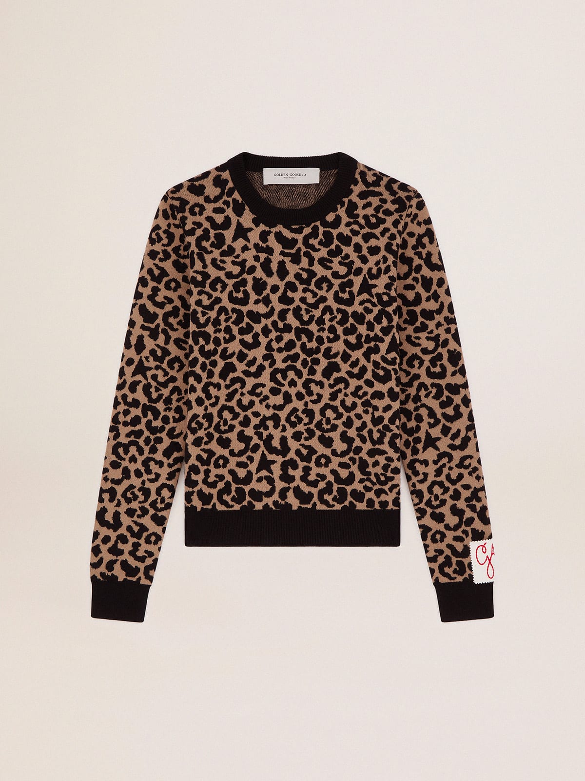 Round-neck sweater in wool with jacquard animal print