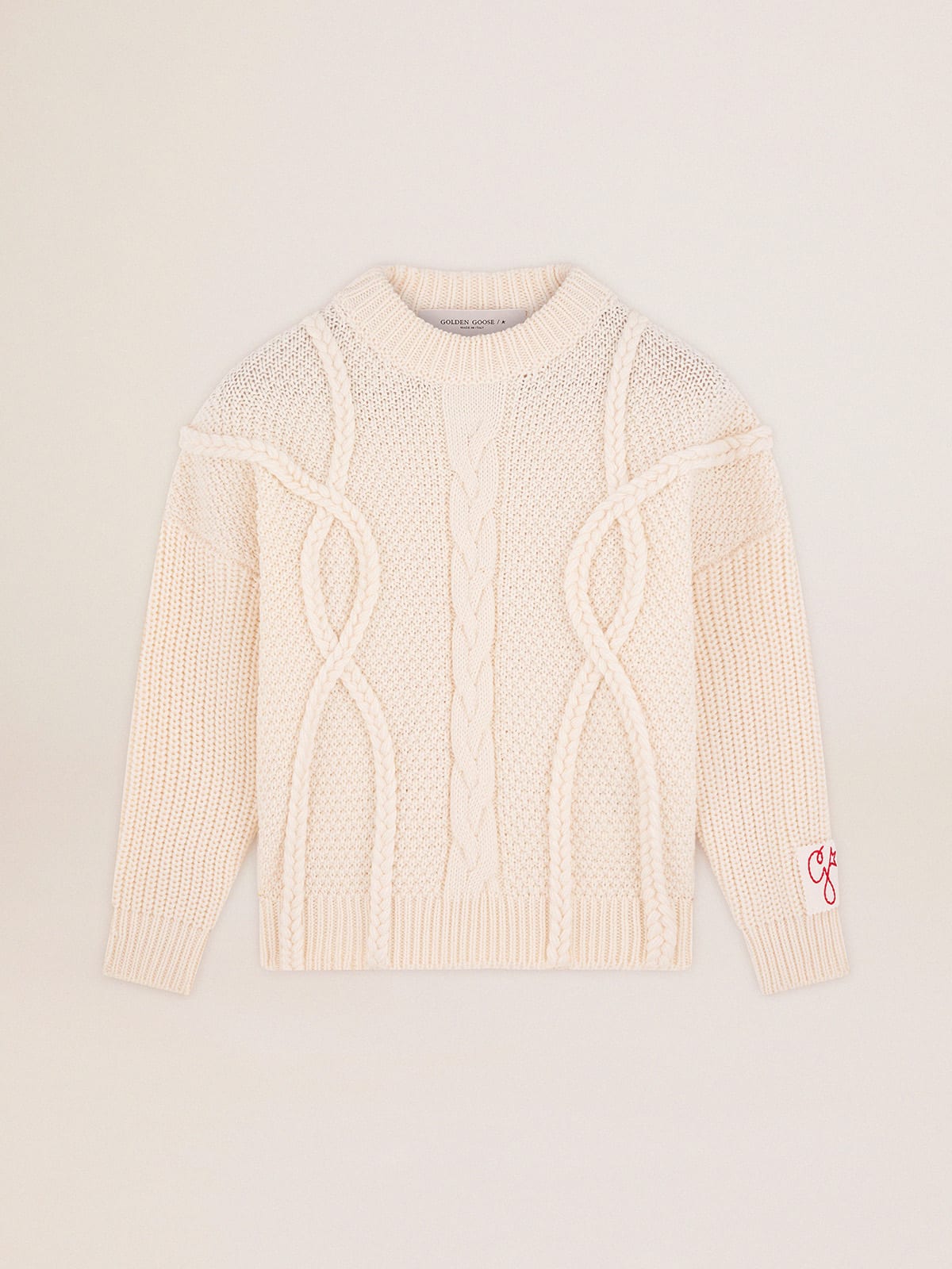 Women's round-neck sweater in wool with braided motif