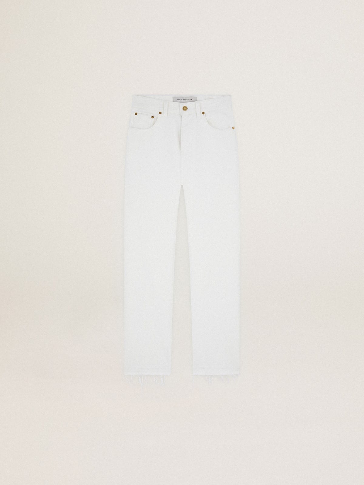 Cropped Journey Collection pants in white bull denim with worn-out effect hem