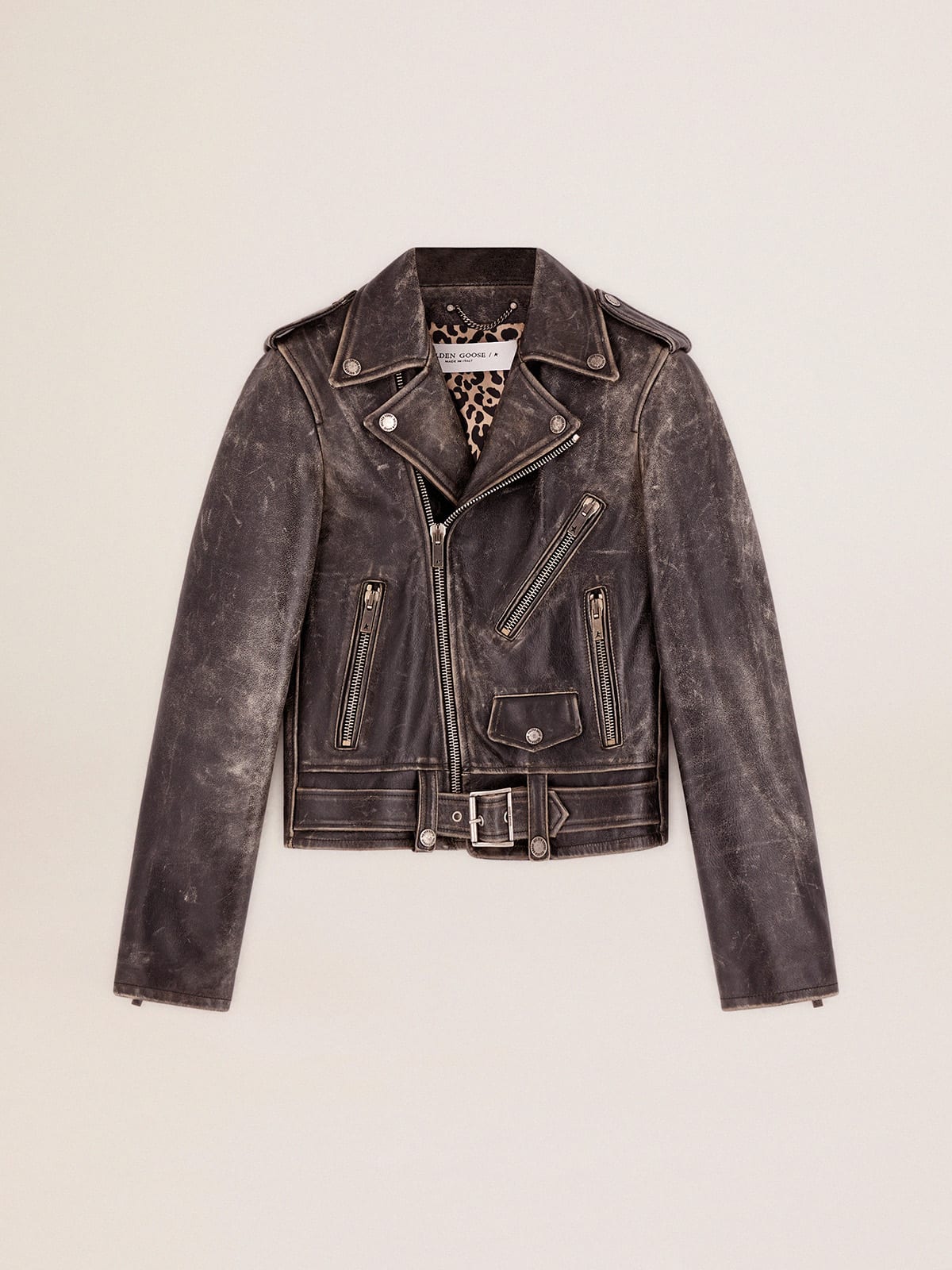 Women's biker jacket in distressed leather
