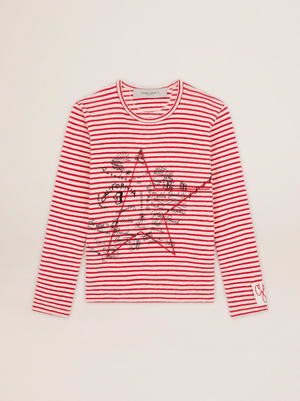 T-shirt with white and red stripes and embroidery on the front