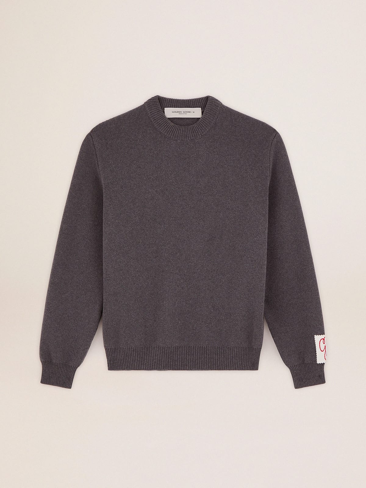 Round-neck sweater in dark gray cotton with logo on the back