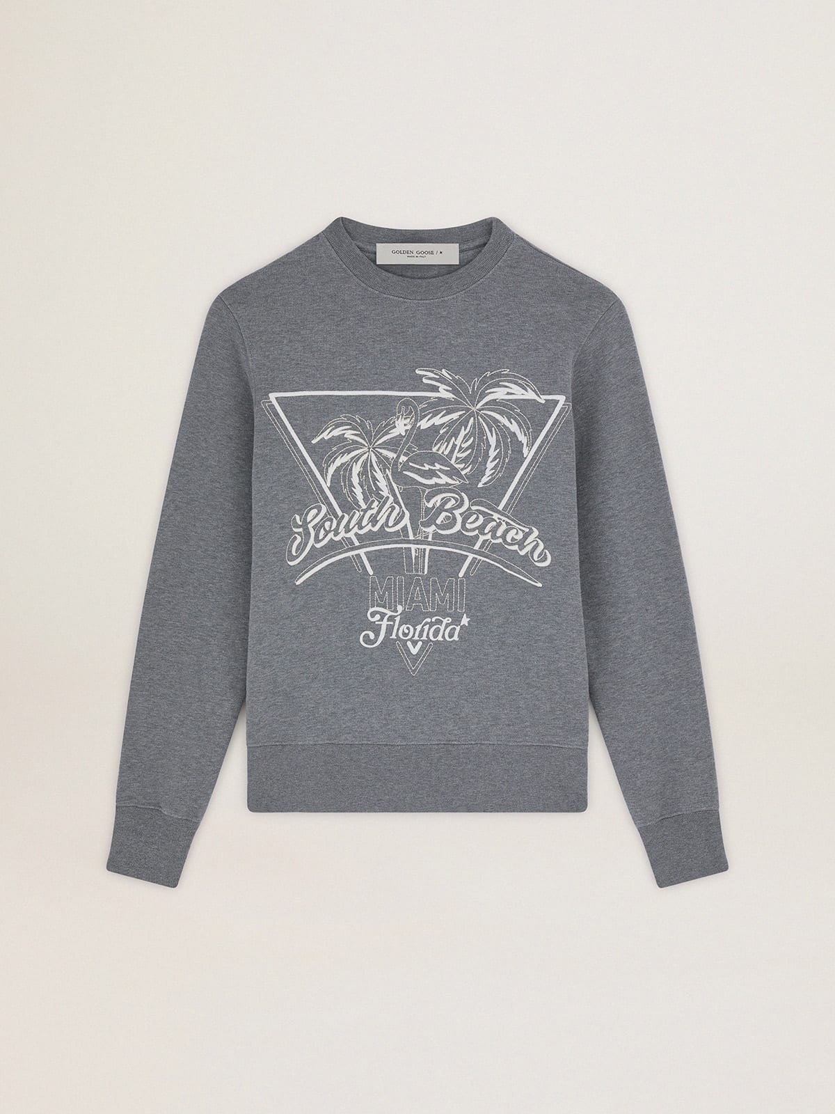 Gray Journey Collection sweatshirt with palm print and South Beach lettering in white