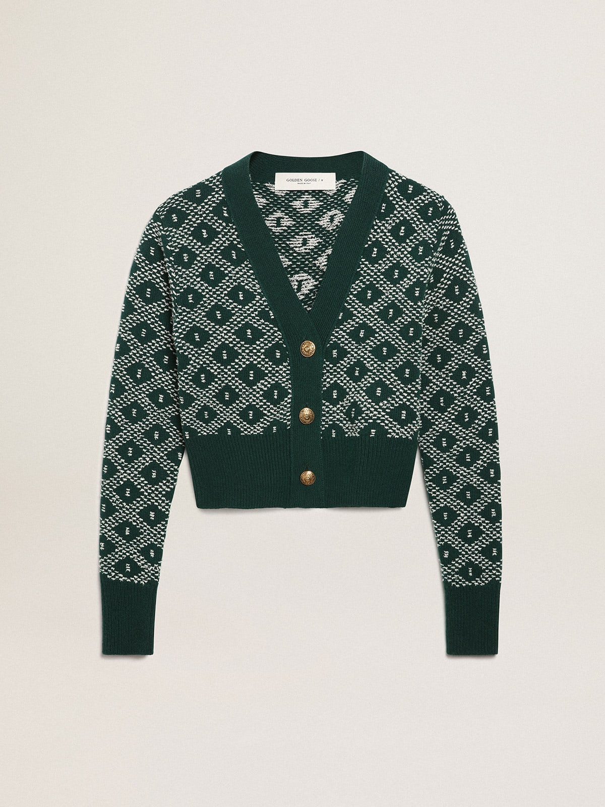 Journey Collection cropped cardigan with green and white jacquard diamond pattern