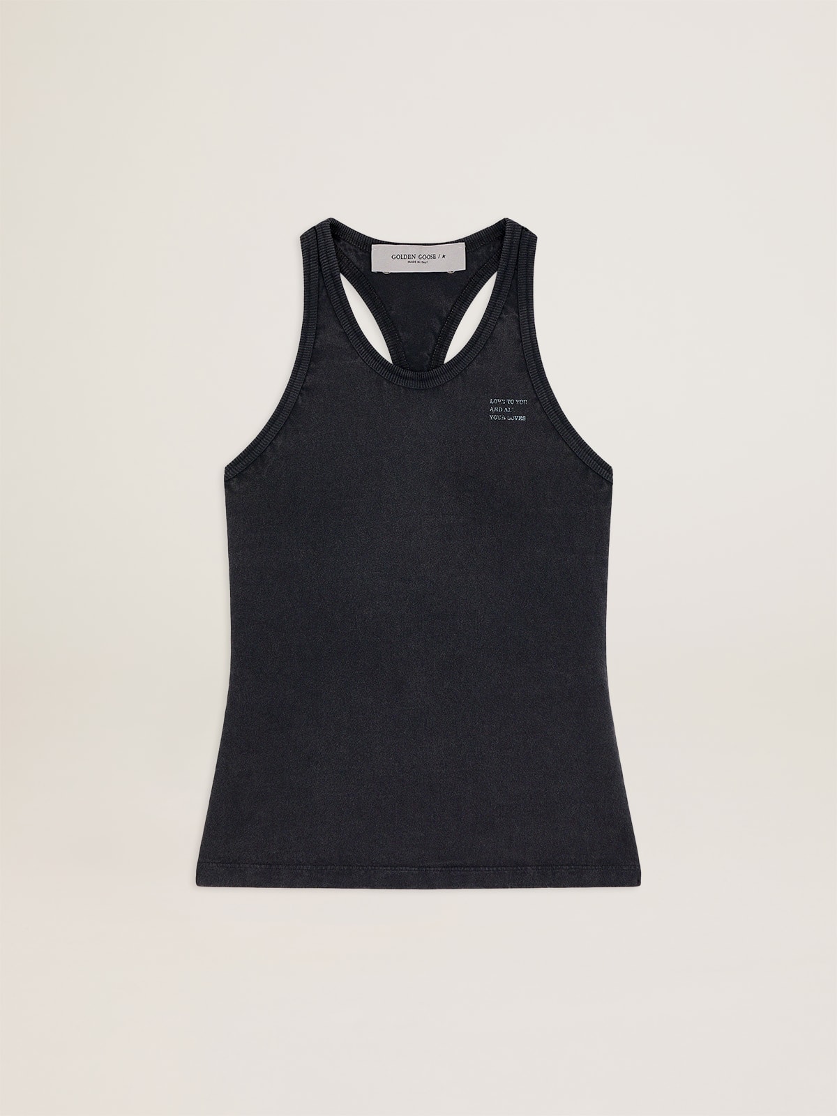 Anthracite-gray Journey Collection Elide tank top with white lettering on the front