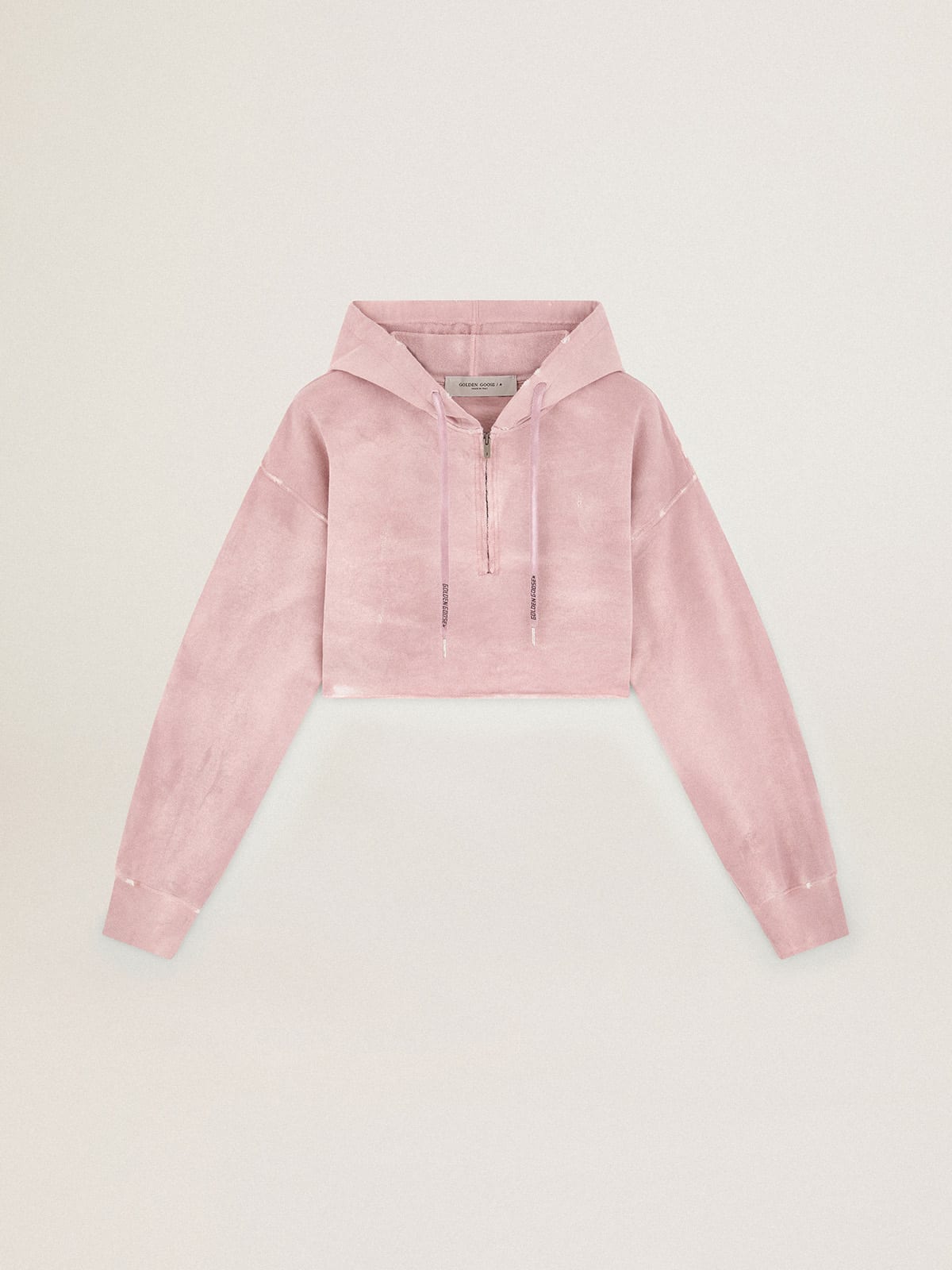 Pale mauve cropped Journey Collection hooded sweatshirt with tone-on-tone Golden lettering on the back