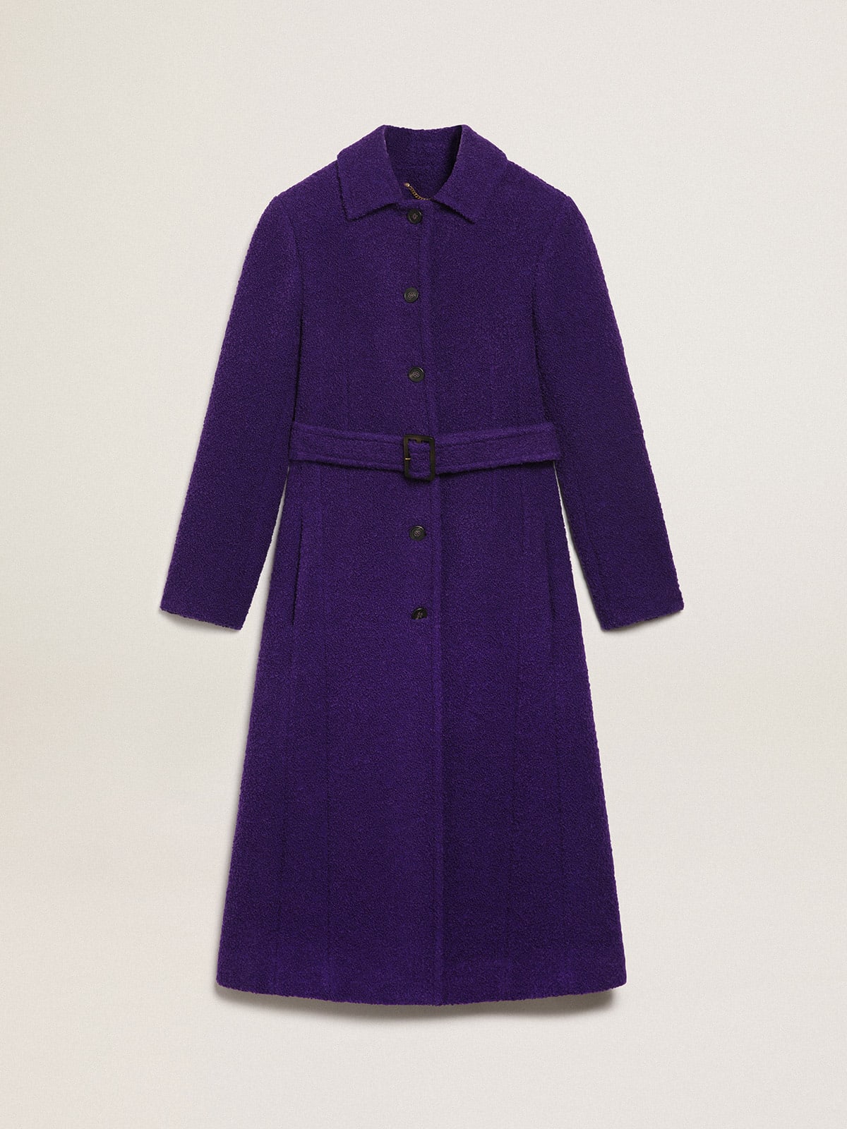 Journey Collection coat in indigo purple wool with inner lining in drawn print