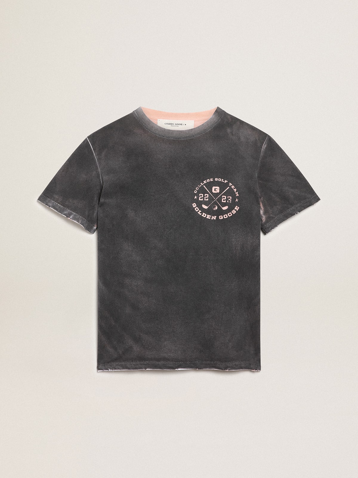 Aged-look gray Journey Collection T-shirt with contrasting pale pink print on the front and hand-worn areas on the edging